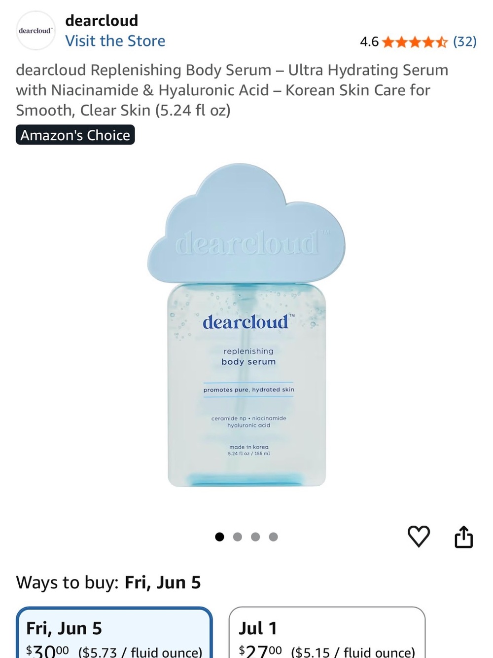 dearcloud Replenishing Body Serum 5.24oz